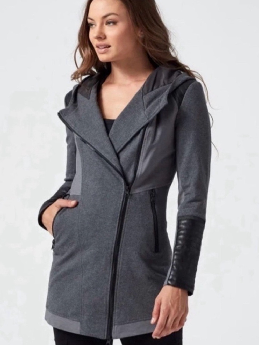Blanc Noir Moto Hooded Jacket Gray Faux Leather Trim NWT Small Athleisure